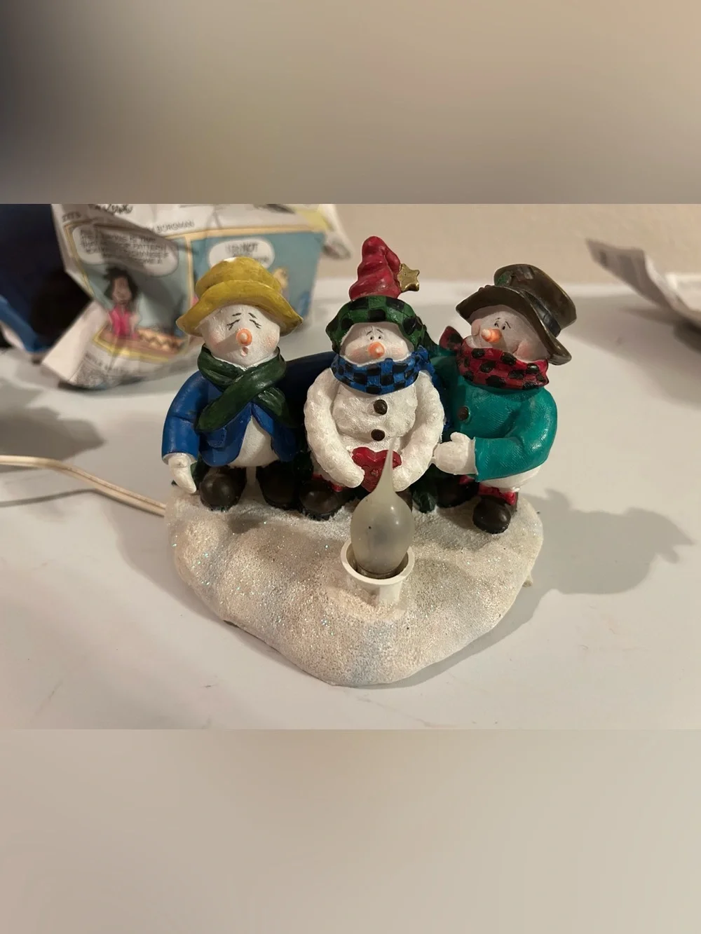 Vintage Snowmen Trio Three Snowmen Warming Up With Fire Figurine Light Up